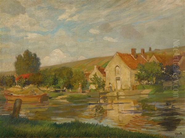 Canal Lock (burgundy) Oil Painting by Rupert Charles Bunny