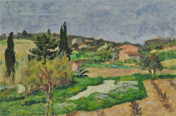 French Farmhouse & Tilled Fields Oil Painting by Rupert Charles Bunny