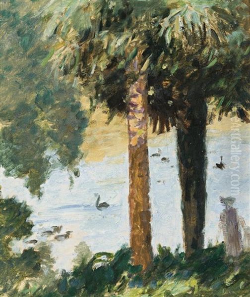 Two Palm Trees (melbourne Botanic Gardens) Oil Painting by Rupert Charles Bunny