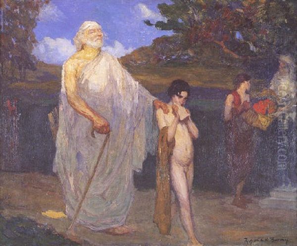 Tiresias Being Led By A Boy Playing The Pipes Oil Painting by Rupert Charles Bunny