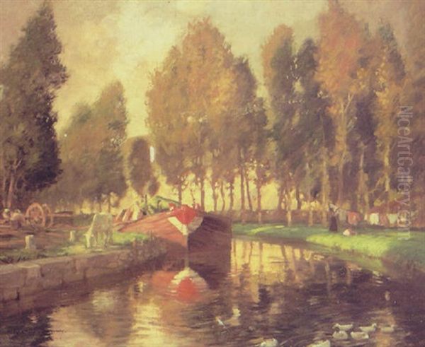 Barge On A River, Normandy Oil Painting by Rupert Charles Bunny
