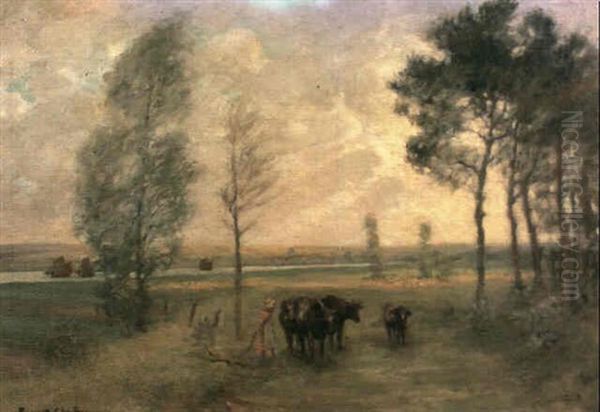 Cattle In An Extensive River Landscape Oil Painting by Rupert Charles Bunny
