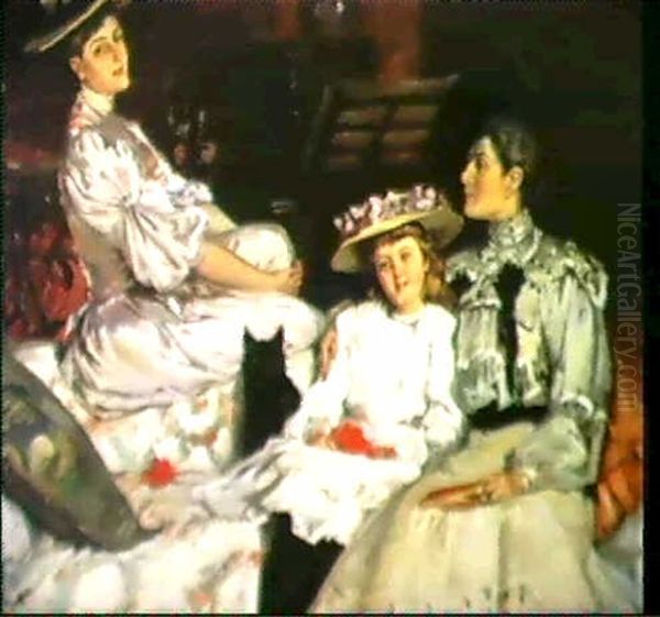 Mrs. Herbert Jones And Her Daughters,                       Hilda And Dulce Oil Painting by Rupert Charles Bunny
