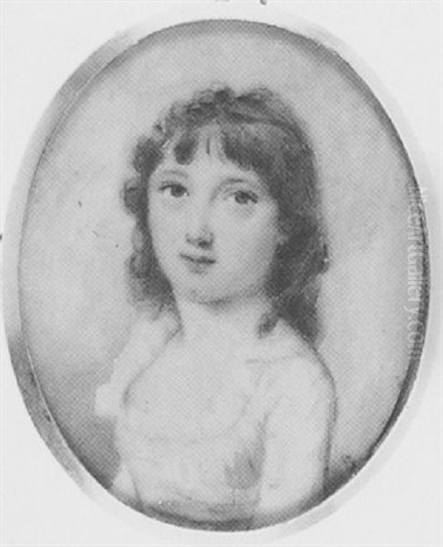 A Young Girl, In White Dress With Frilled Neckline And Yellow Waist Sash Oil Painting by Edward Burch