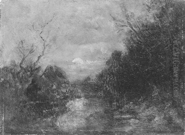 Mondbeschienene Landschaft Mit Einem Bauernhaus Am Wasser Oil Painting by Anton Burger