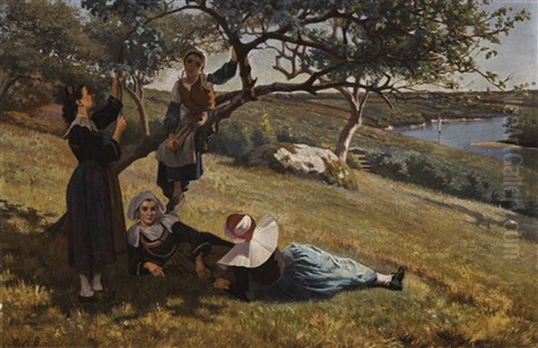 On The Apple Tree, Brittany Oil Painting by Augustus Nicolas Burke