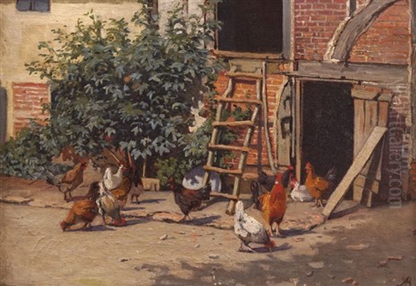 Farmyard In Brittany Oil Painting by Augustus Nicolas Burke