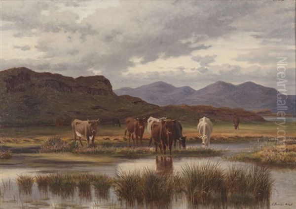 Cattle Grazing By A River Bank Oil Painting by Augustus Nicolas Burke