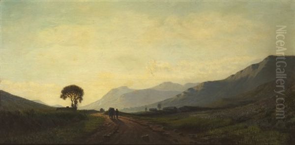Extensive Western Landscape With Figures At Sundown Oil Painting by Augustus Nicolas Burke
