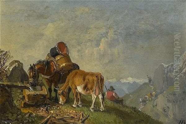 Rastender Handler Mit Pferd Und Kuh An Der Tranke In Gebirgslandschaft Oil Painting by Heinrich Buerkel