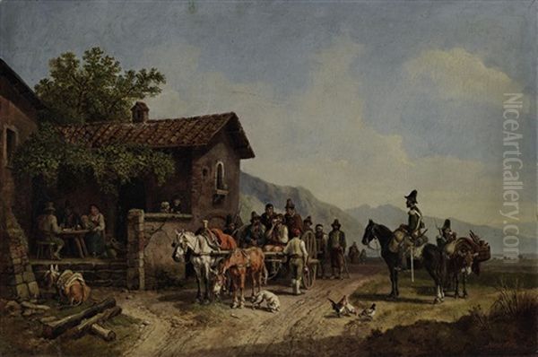 Raubertransport Vor Einer Osteria (um 1855/56) Oil Painting by Heinrich Buerkel