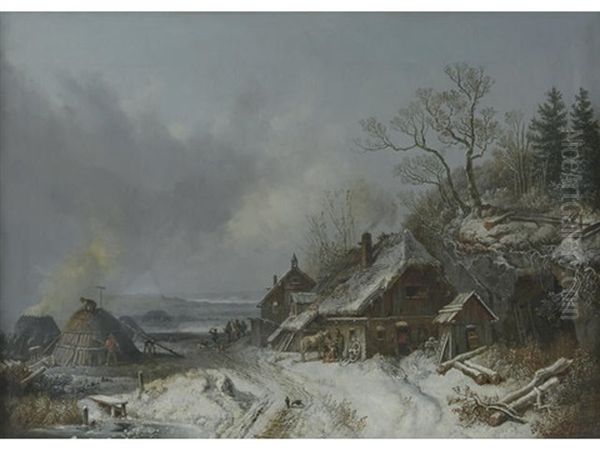 Charcoal Makers And Forge Outside A Village Oil Painting by Heinrich Buerkel