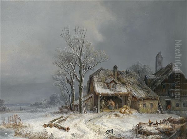 Winterliches Dorf. In Der Scheune Wird Getreide Gedroschen Oil Painting by Heinrich Buerkel