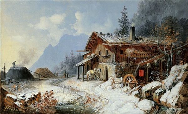 Schmiede Mit Mmilern Im Winter Oil Painting by Heinrich Buerkel
