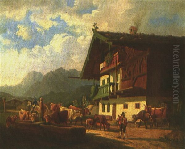 Oberbayerische Gebirgslandschaft Mit Malerischem Gehoft, Heimkehrender Viehherde Und Postillon Zu Pferd Oil Painting by Heinrich Buerkel