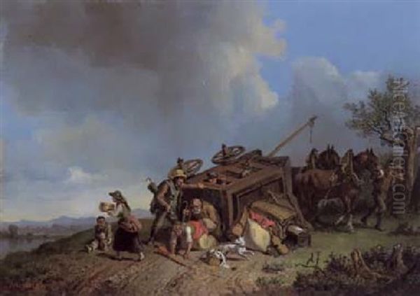 Der Umgesturtzte Stellwagen Oil Painting by Heinrich Buerkel