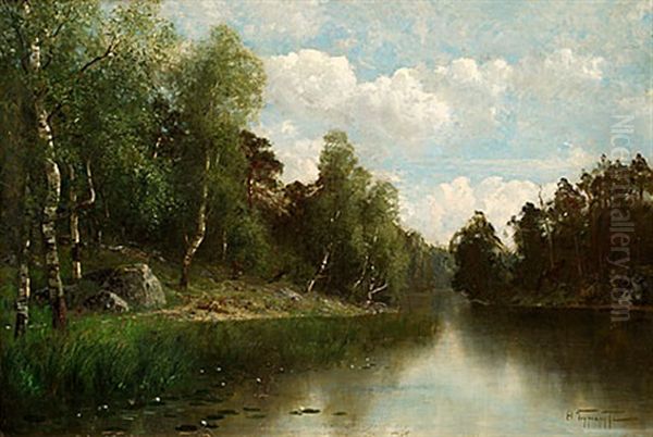 Landskap Med Sjo Oil Painting by Fedor Karlovich Burkhardt