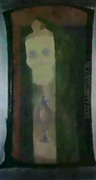 La Mort Coifee Du Cercueil Et Drapee Du Voile Vert De       L'esprit Anne, Porte En Sa Main Une Urne De Marbre Noir Oil Painting by Marguerite Burnat-Provins