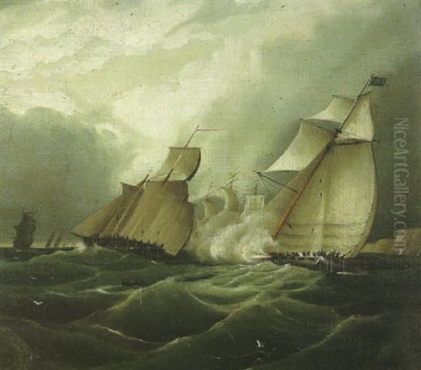 An English Cutter Giving Chase To A Smuggler Oil Painting by Thomas Mickell Burnham
