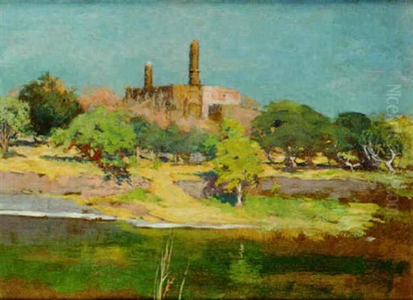 River Landscape With A Ruin Of A Mosque Oil Painting by Cecil Leonard Burns