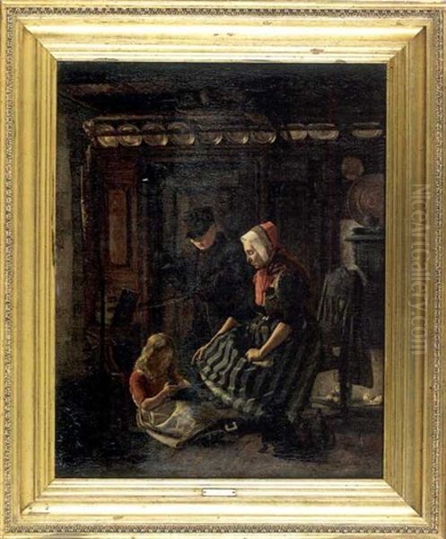Groupe Familial En Costume Traditionnel Dans Un Interieur De Ferme Danois Oil Painting by Johan Frederik Busch