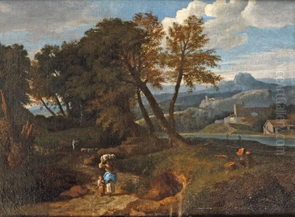 Une Vue De La Campagne Romaine Avec Le Mont Soratte Animee De Personnages Et D'animaux Oil Painting by Giovanni Battista Busiri