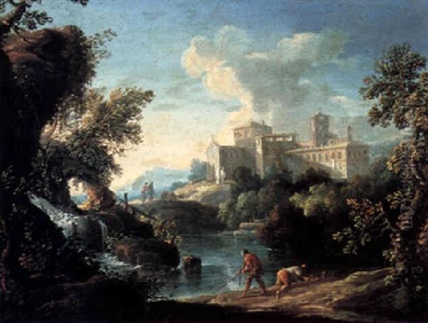 Italianate River Landscape With Fishermen And Other Figures Beyond Oil Painting by Giovanni Battista Busiri