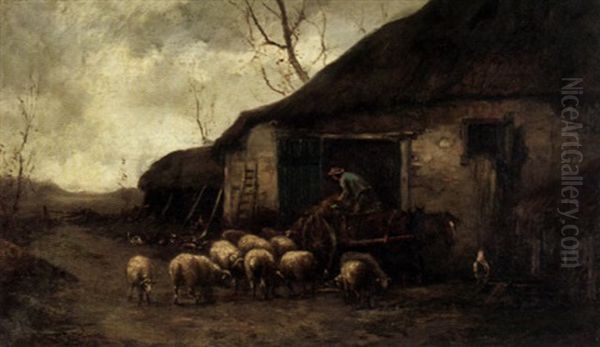A Farmyard Scene With A Figure In A Haycart And A Flock Of Sheep Outside A Barn Oil Painting by Charles Busson