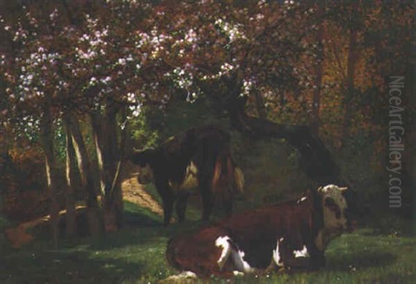 Zwei Gescheckte Kuhe Unter Bluhendem Obstbaum Oil Painting by Georges Louis Charles Busson