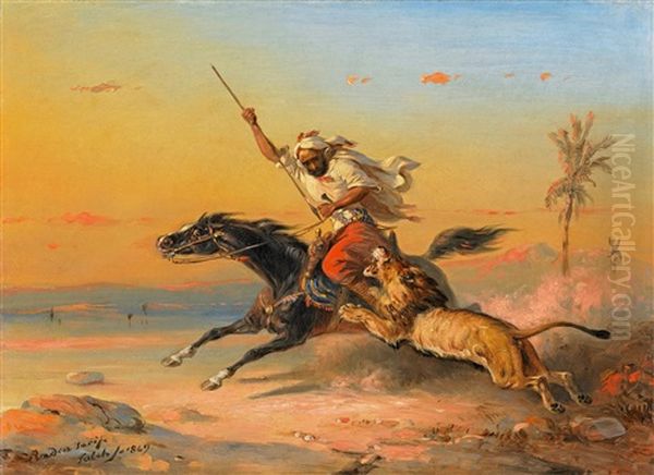 Araber Zu Pferd Von Einem Lowen Angegriffen Oil Painting by Raden Saleh Sarief Bustaman