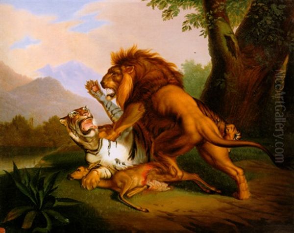 Lion And Tiger Fighting Over Prey Oil Painting by Raden Saleh Sarief Bustaman