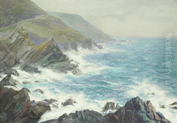 Stormy Sea Off The Cornish Coast Oil Painting by Charles Ernest Butler