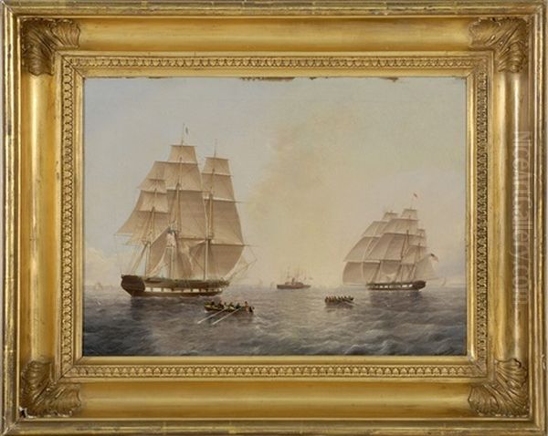 Two American Full-rigged Ships Offshore Alongside A Side-wheel Steamship And Two Dories With Crewmen Oil Painting by James Edward Buttersworth