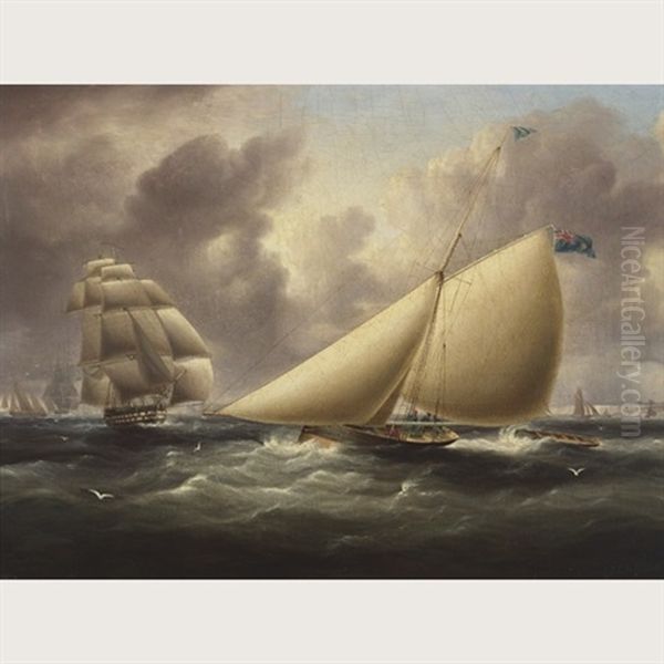 Cutter Rigged Sailboat Carrying A Blue Ensign With "st. Edwards Crown" Approaching, A Ship Of The Line Off The Coast Of Dover Oil Painting by James Edward Buttersworth