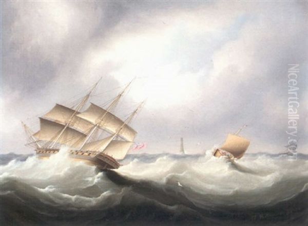 Shipping In A Strong Breeze Off Eddystone Lighthouse Oil Painting by James Edward Buttersworth
