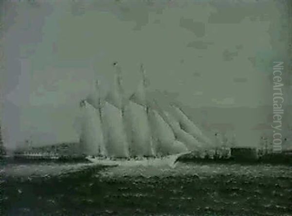 An American Schooner Off The Battery, New York Harbour Oil Painting by James Edward Buttersworth