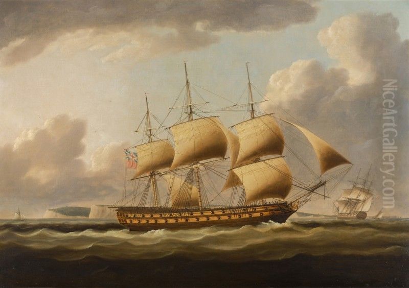 A Royal Navy Fourth-rate Ship Of The Line Heading Up To Anchor In The Downs Off Deal, Kent Oil Painting by Thomas Buttersworth