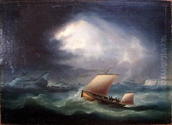 An Easterly Gale In The Downs, With A Deal Galley Sailing To Render Assitance To A Large Ship On The Goodwin Sands Oil Painting by Thomas Buttersworth