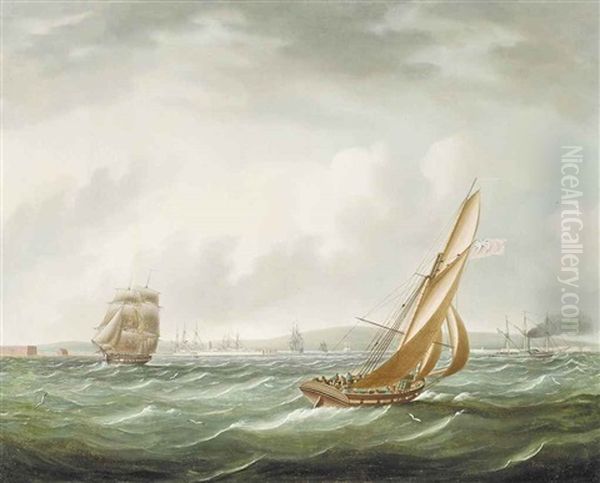 A Royal Navy Frigate, Cutter And A Channel Packet In The Solent, Off Hurst Castle Oil Painting by Thomas Buttersworth