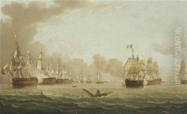 Trafalgar, 21st October: H.m.s. Victory Breaking Through The Enemy Line Oil Painting by Thomas Buttersworth