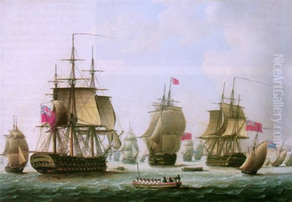 The English Fleet, With An Admiral Approaching A Ship Of The Line Oil Painting by Thomas Buttersworth