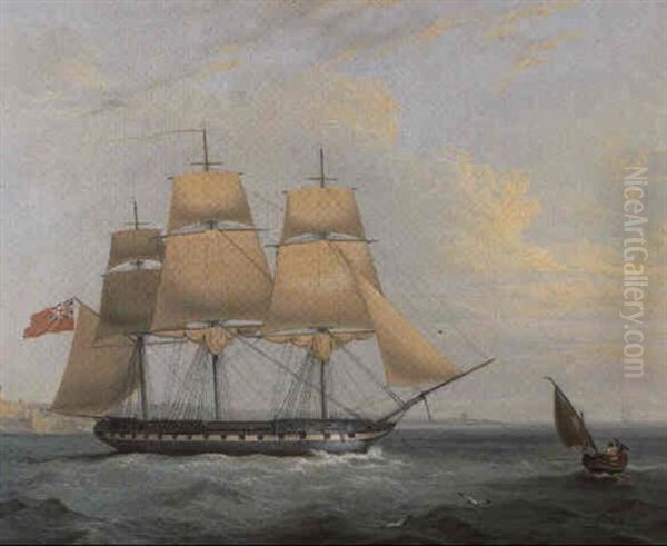 A Royal Navy Frigate Coming Out Of Valletta Oil Painting by Thomas Buttersworth