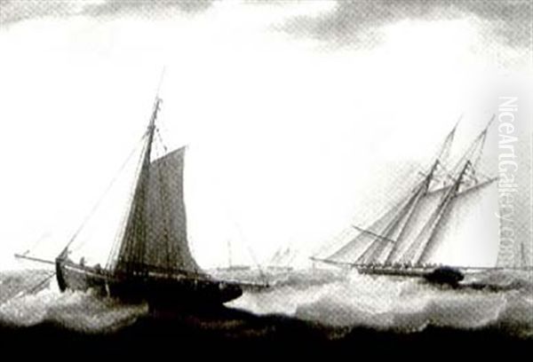 Clipper Ships Riding A Rough Sea Oil Painting by Thomas Buttersworth