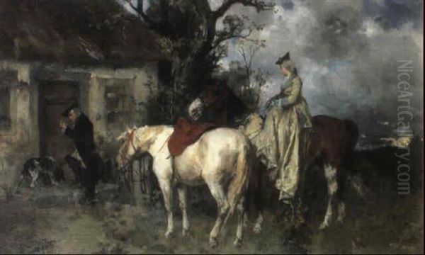 Riders Before A Cottage Oil Painting by Georg Heinrich Buettner