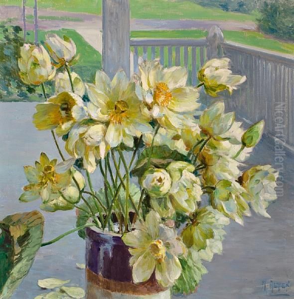 Lotus Blossoms On A Porch Oil Painting by Mathias (Joseph) Alten