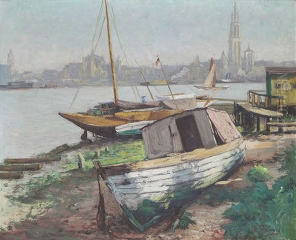 La Rade D'anvers, Vue De La Rive Gauche Oil Painting by Georges Leon Ernest Buysse