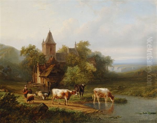 At The Watering Hole Oil Painting by Alfred Eduard Agenor de Bylandt
