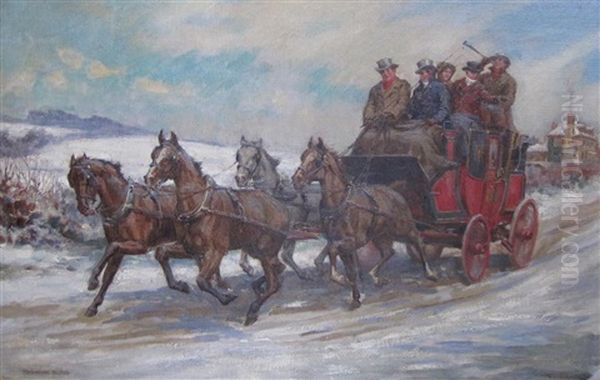A Coach And Horses On A Country Road Oil Painting by William Hounsom Byles