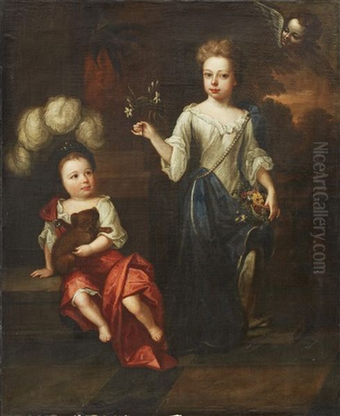 Portratt Av Tva Barn Med Hund Pa Terrass Oil Painting by Robert Byng or Bing