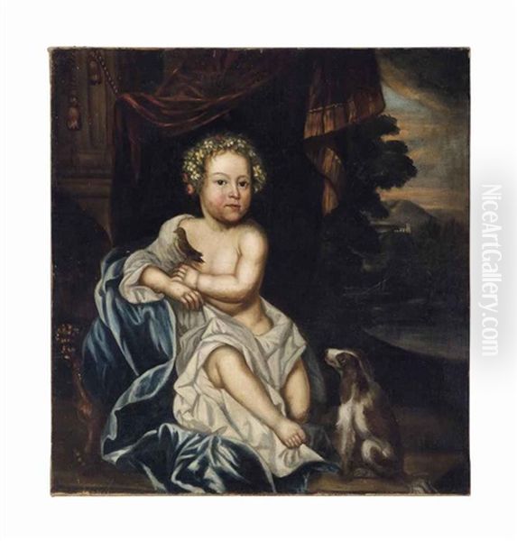 Portrait Of A Young Boy In A White And Blue Wrap, A Bird Resting On His Hand, A Spaniel At His Side, In A Landscape Oil Painting by Robert Byng or Bing